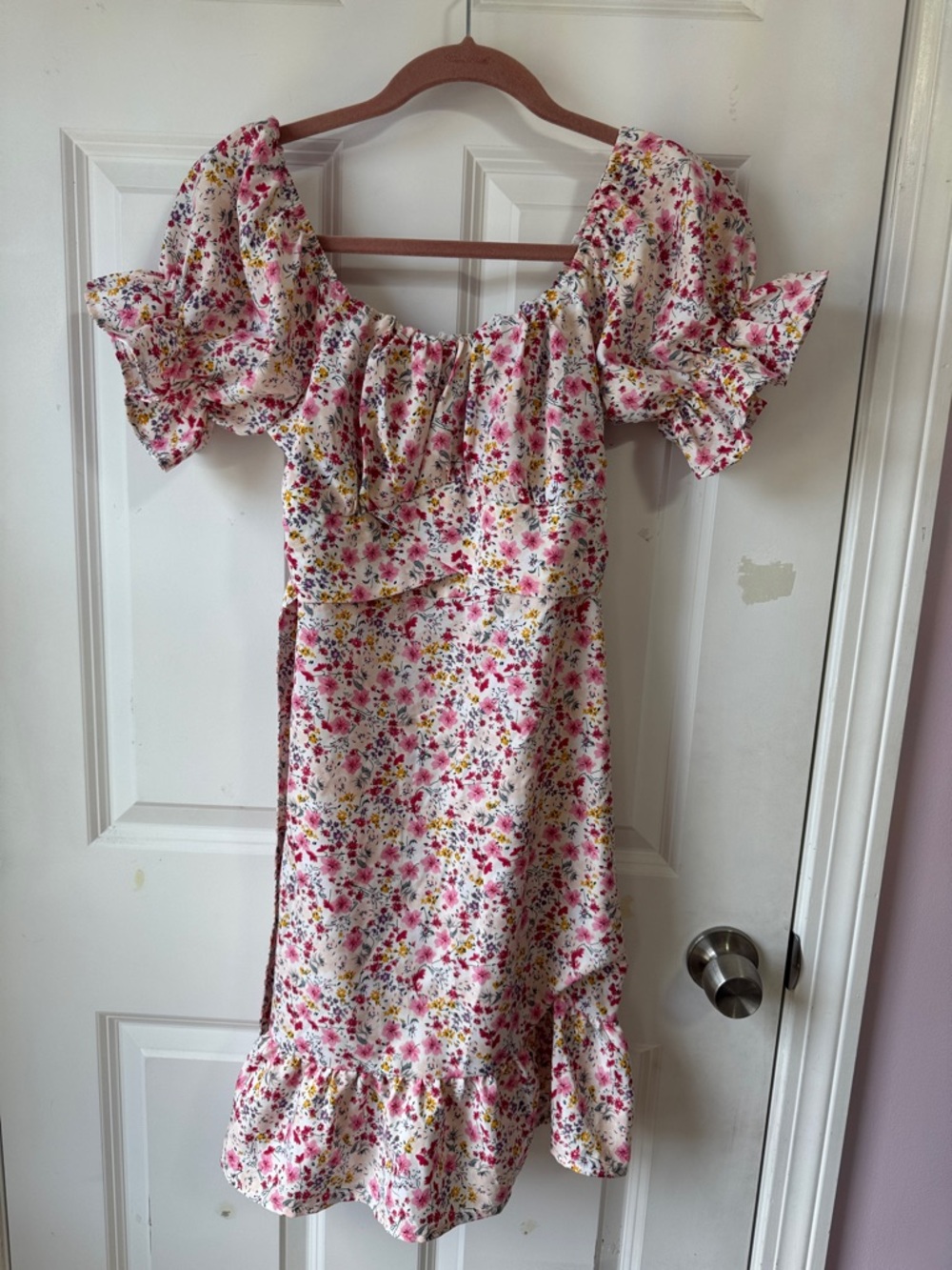 SHEIN White Floral Midi Dress with Pink and Yellow Print